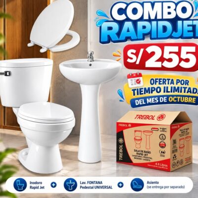 SALA DE BAÑO RAPID JET (TANQUE, TAZA, LAVATORIO FONTANA Y ASIENTO BLANCO) TREBOL EN CAJA
